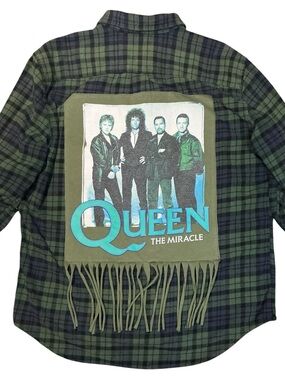 Queen Upcycled Band T Shirt Flannel Freddie Mercury Fringe Grunge
